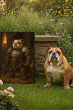 Bulldog sitting next to a wooden sculpture of a dog in armor in a garden setting.