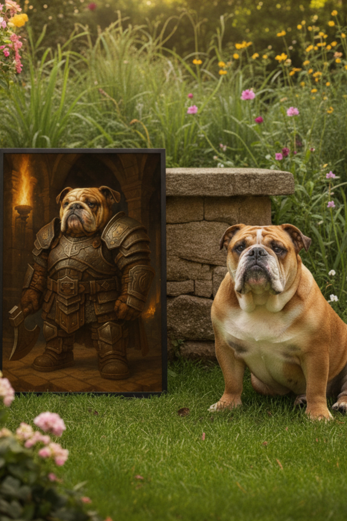 Bulldog sitting next to a wooden sculpture of a dog in armor in a garden setting.